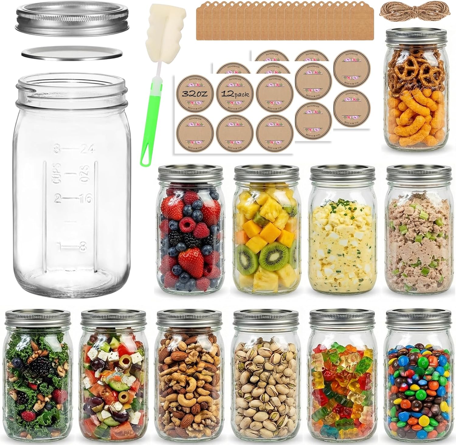 32 oz Wide Mouth Mason Jars with Airtight Lids and Bands, 12 Pack Quart Glass Canning Jars for Pickling, Meal Prep, Overnight Oats, Storage & DIY Crafts