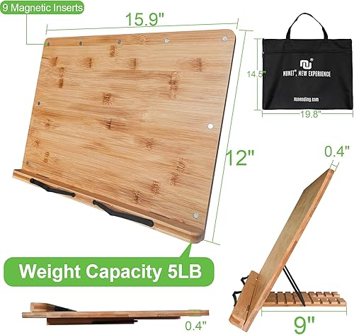 Miniatura 2 de NUNET Soporte para libros de bambú ajustable de 16 x 12 pulgadas de altura con imanesbarra de regla para caballete de arte, soporte para libros de
