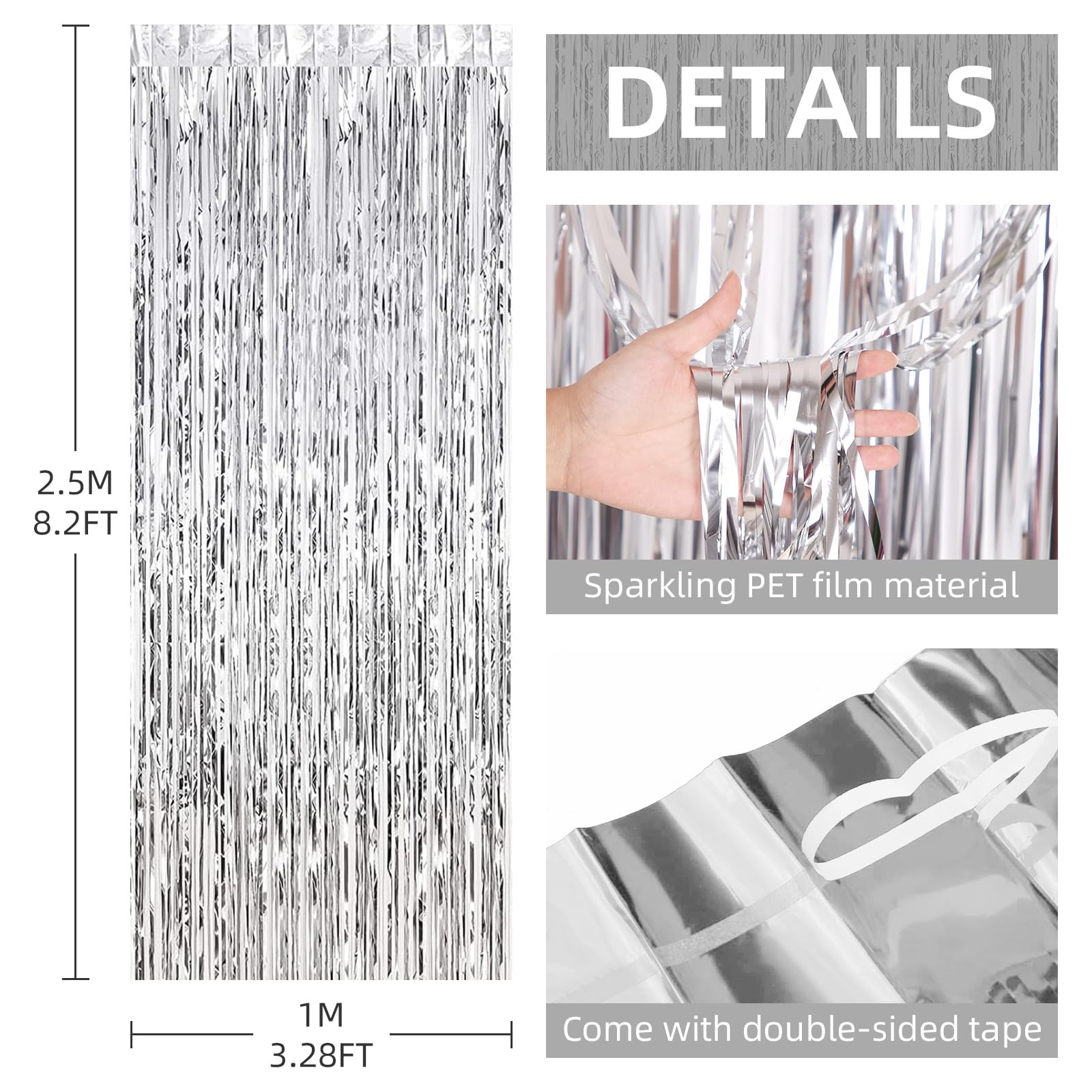 Paquete de 6 cortinas de fondo de flecos de aluminio, 3.3 x 8.2 pies, serpentinas de oropel plateadas, cortinas metálicas de flecos de papel de aluminio, telón de fondo para cabina de fotos para