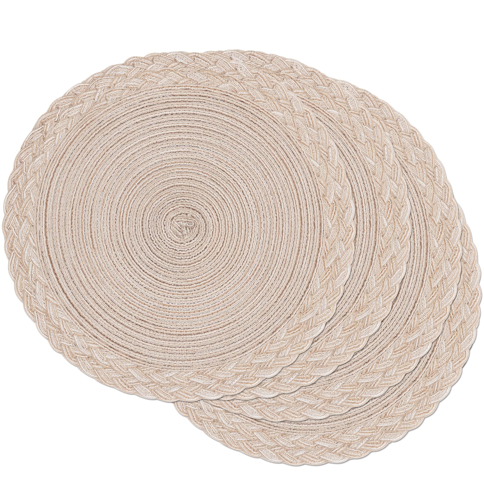Photo 1 of SHACOS Round Placemats Set of 4 Boho Braided Border 15 inch Circle Place Mats Washable Fabric Table Mats for Kitchen Dining Table, Beige