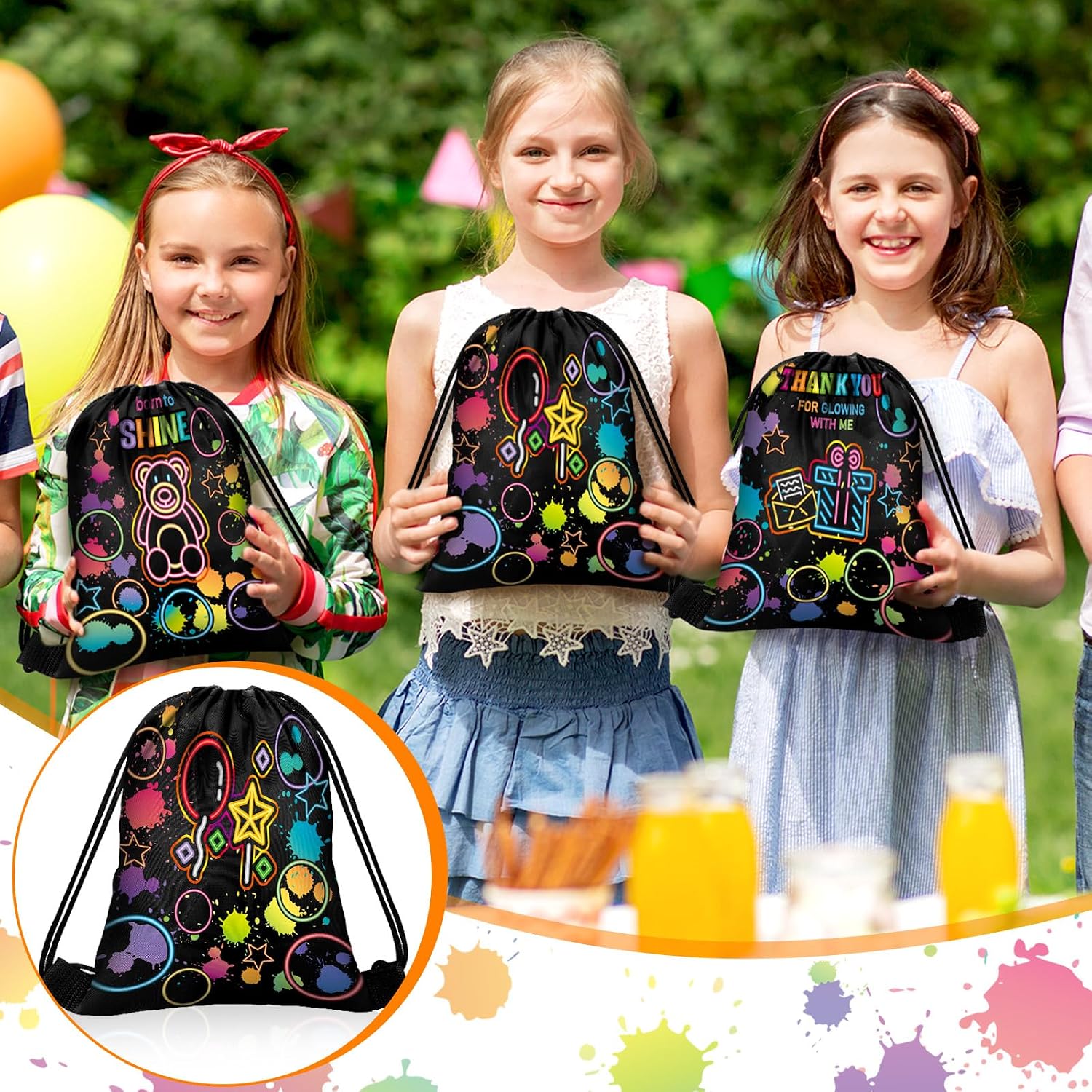 Talltalk 32 Pack Neon Party Favor Bags Drawstring Candy Backpack Glow Supplies Favor Drawstring Gift Bags Neon Theme Birthday Party Decoration Supplies