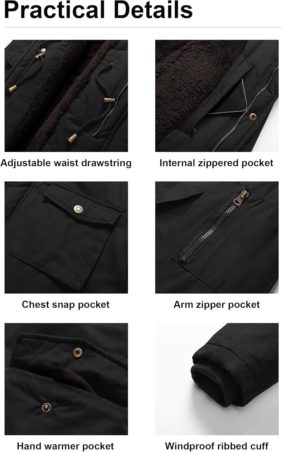 Pursky Men's Winter Military Jacket Fleece Lined Warm Cotton Coat Windproof Thicken Parka with Removable Hood - Image 7