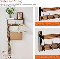 Vista 5 de Ganchos de pared con estante, perchero de madera con estante montado en la pared, estantes colgantes de entrada con 5 ganchos de metal para ropa