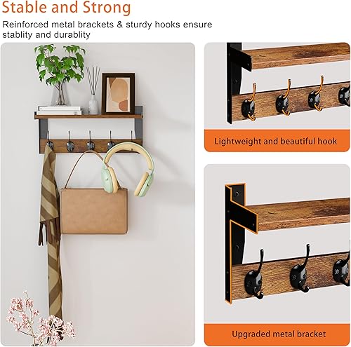 Miniatura 5 de Ganchos de pared con estante, perchero de madera con estante montado en la pared, estantes colgantes de entrada con 5 ganchos de metal para ropa,