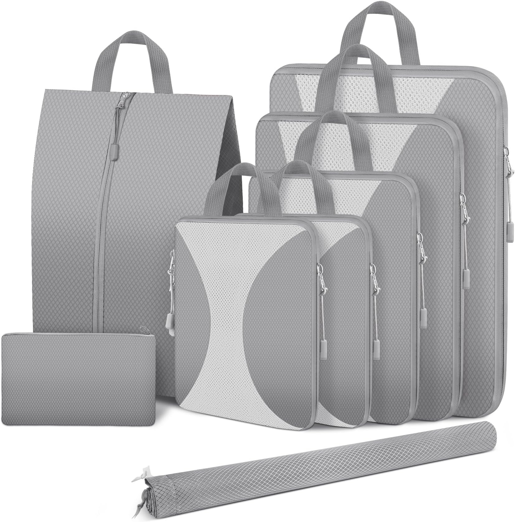 8 Set Compression Packing Cubes for Travel, Lightweight Compression Cubes for Suitcases, Expandable Suitcase Organizer with Shoes & Laundry Bags, Travel Accessories for Men Women, Gray