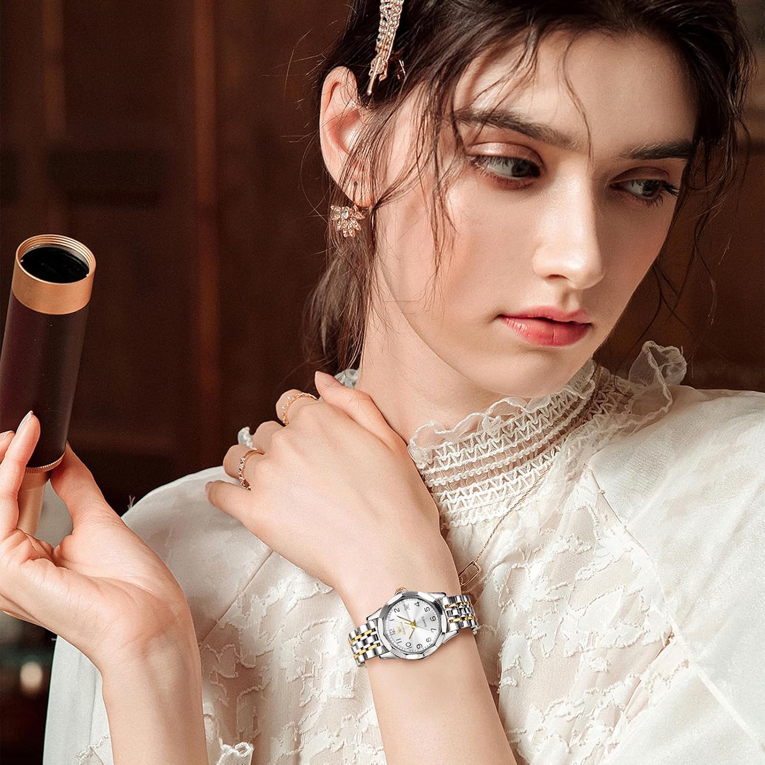 OLEVS Women Watch, Small Face Stainless Steel Strap Round Watch for Ladies, Roman Numerals Luxury Diamond Watch Waterproof Analog Quartz with Date Watch for Women 4 8128i7dT3fL. AC SL1500