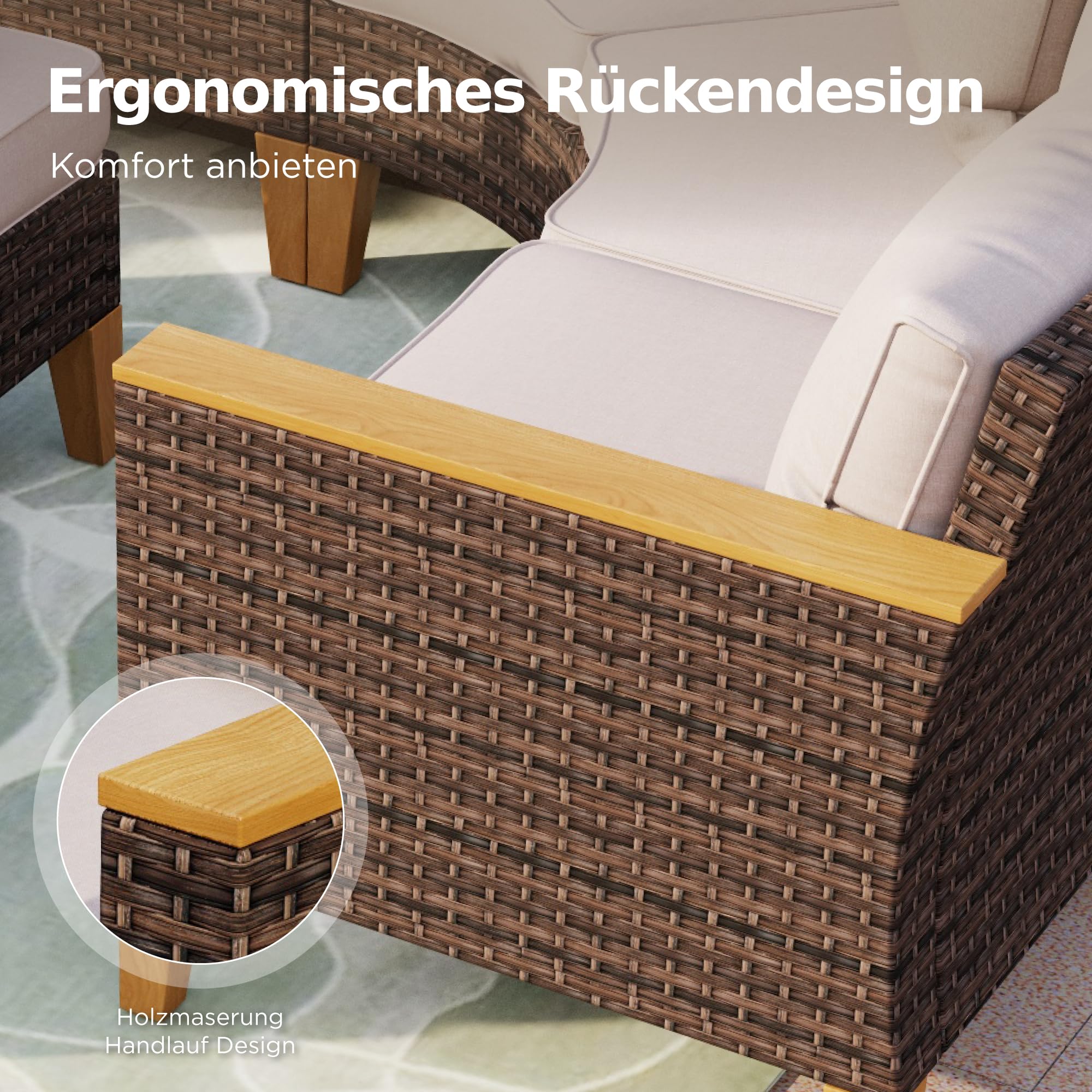 PHI VILLA 5‑Sitzer Rattan Gartenmöbel Set Balkonmöbel, Lounge Möbel Outdoor Gartenlounge Set für 5, Terrassenmöbel Modulare Möbel mit Dick Gepolsterten Kissen für Garten und Terrasse, Beige & Braun