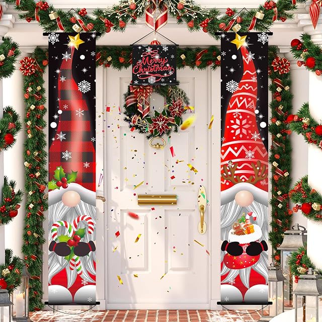Tatuo 3 Pieces Christmas Porch Decoration Xmas Gnome Porch Signs Welcome Banners Winter Holiday Door Decoration for Christmas Party Decor Supplies