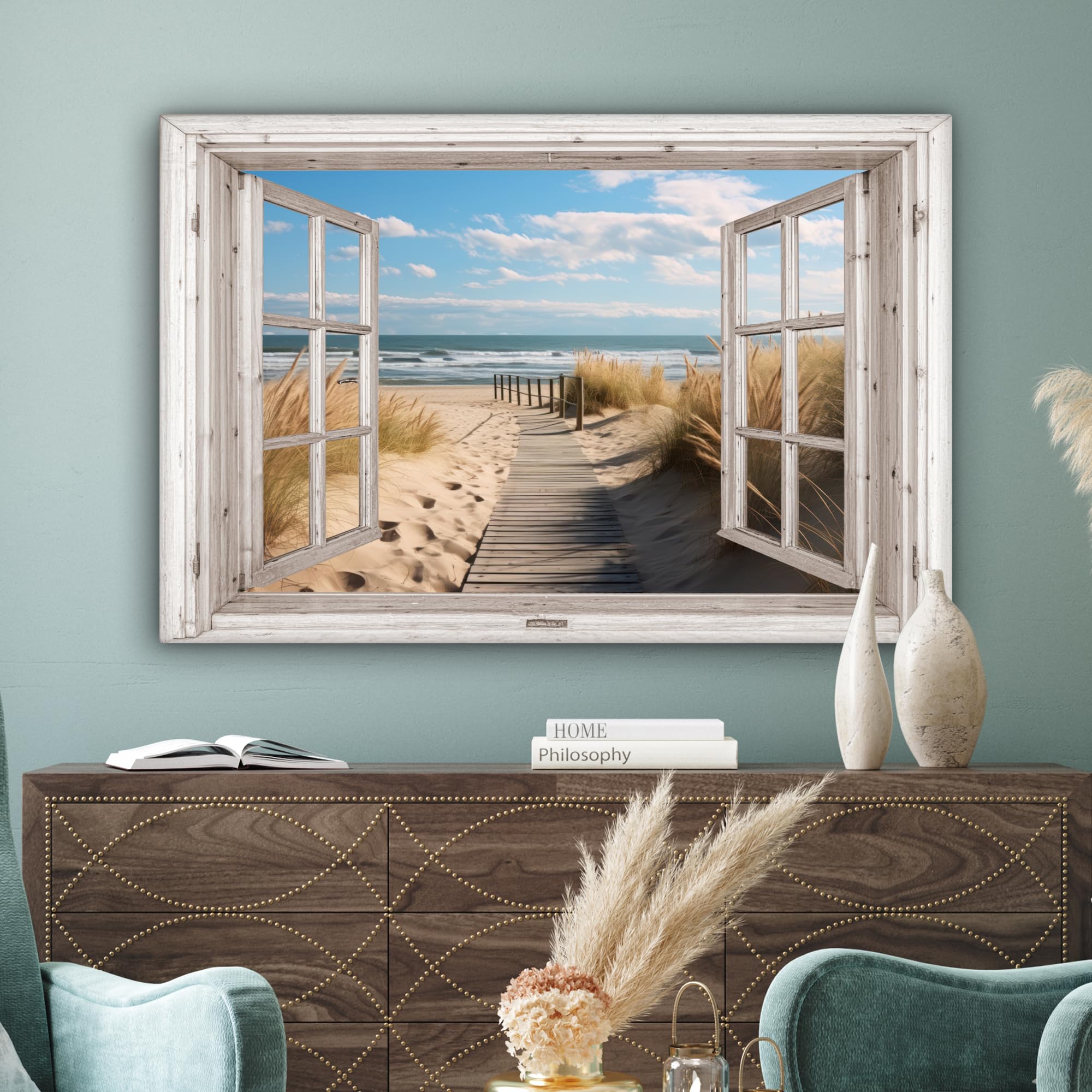 MuchoWow Cuadro En Lienzo - Ventana - Mar - Costa - Naturaleza - vista - Playa - Mar de Wadden - Cuadros Decoracion Salon Modernos 120x80 cm