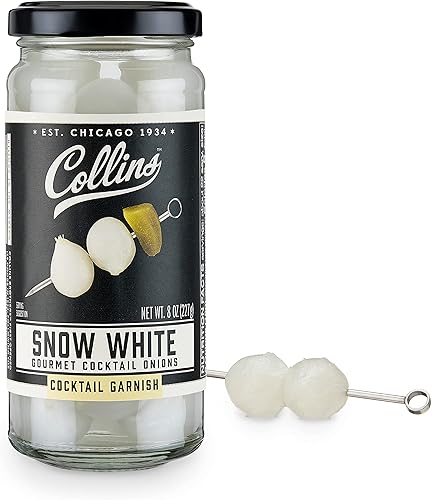 Collins Cebolla de cóctel blanca como la nieve gourmet, tarro de cebolla en escabeche para cócteles, ingredientes Bloody Mary, bandejas y aperitivos
