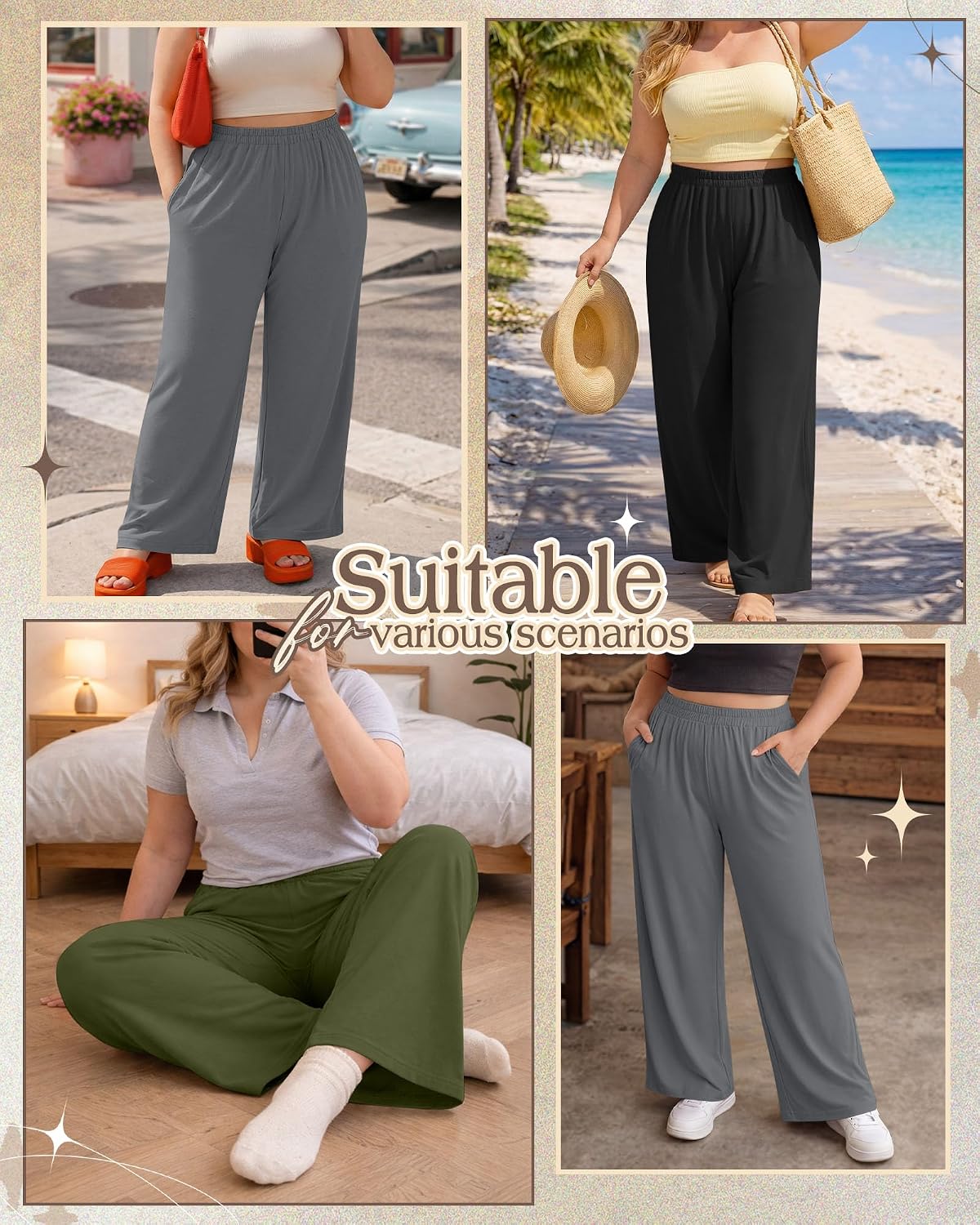 Evervibe 3 Pack Women Plus Size Wide Leg Pants Loose Fit Palazzo Lounge Yoga Sweatpants High Waist Casual Pajamas Pants