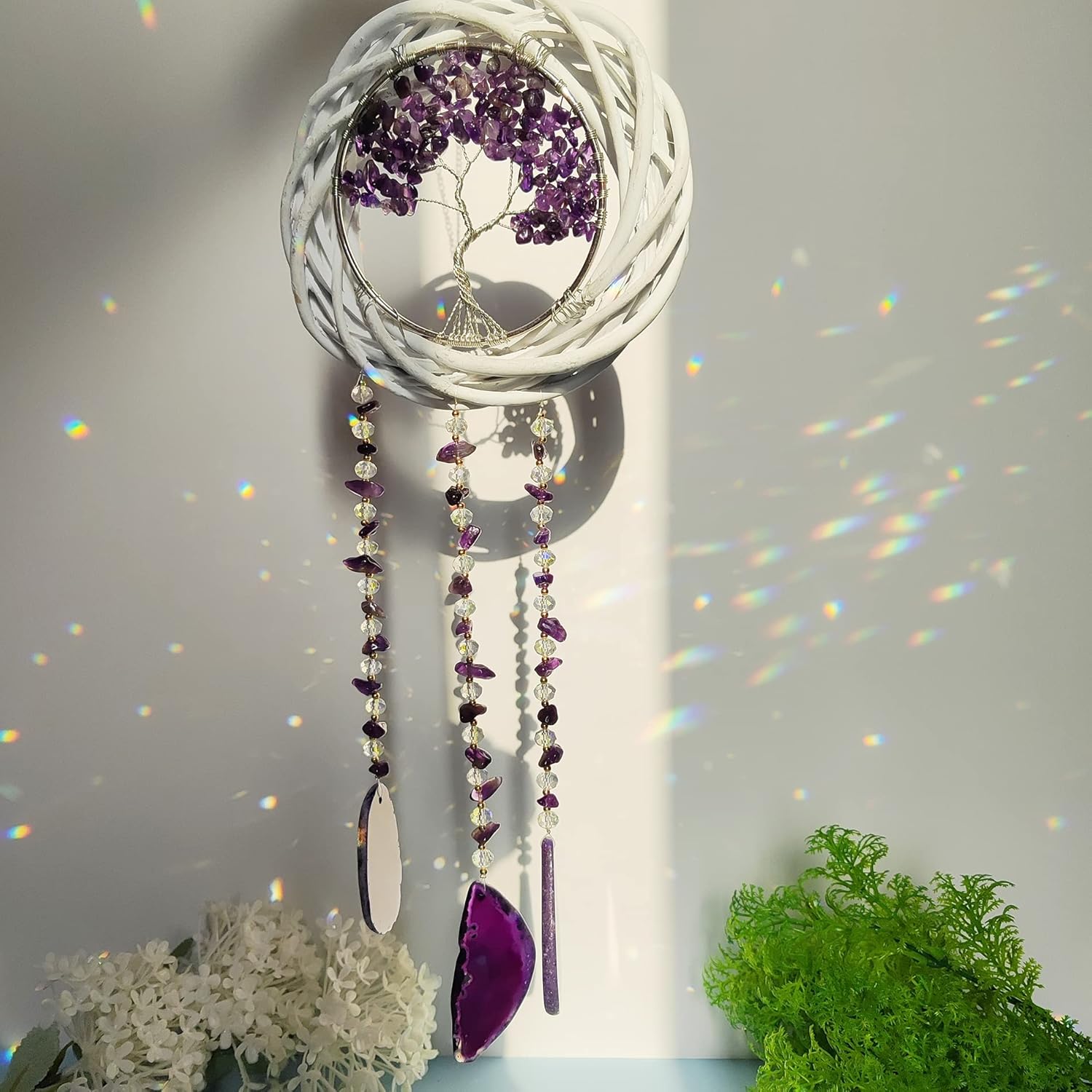 Amethyst Tree of Life Crystal Wind Chime, Handmade Natural Crystal Agate Slices Windchimes for Ornament Wall Hanging Ornament Home Window Garden Decoration Gifts
