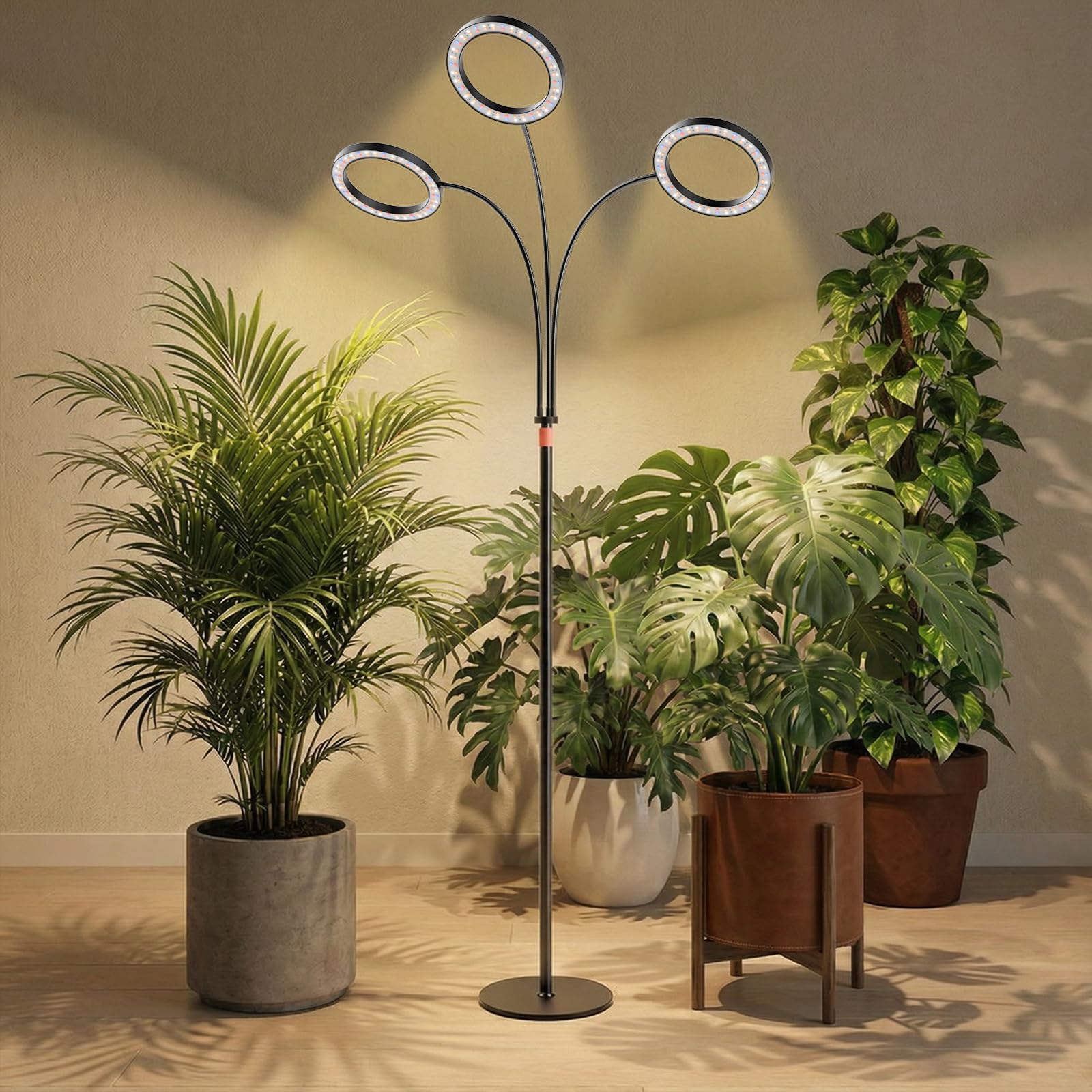Photo 1 of Grow Lights for Indoor Plants with Timer, Three-Heads 63 Inch Vertical Grow Light Full Spectrum 216 LEDs 48W 3/6/12H Auto On/Off 3 Light Modes 10-Level Dimmable Gooseneck Standing Plant Lamp