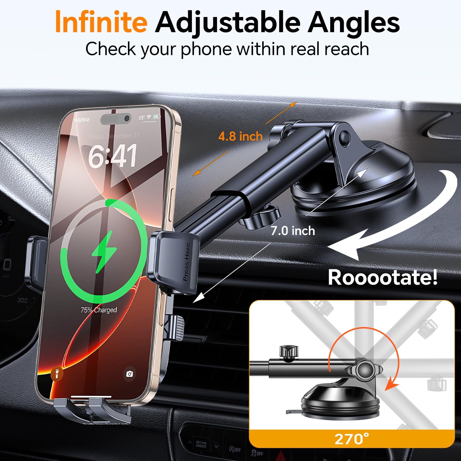 Caricatore Wireless Auto 15W Ricarica Wireless Auto Supporto Telefono Automobile Rotazione 360° per iPhone 11 12 13 14 15 16 Serie & Samsung S24 S23 S22