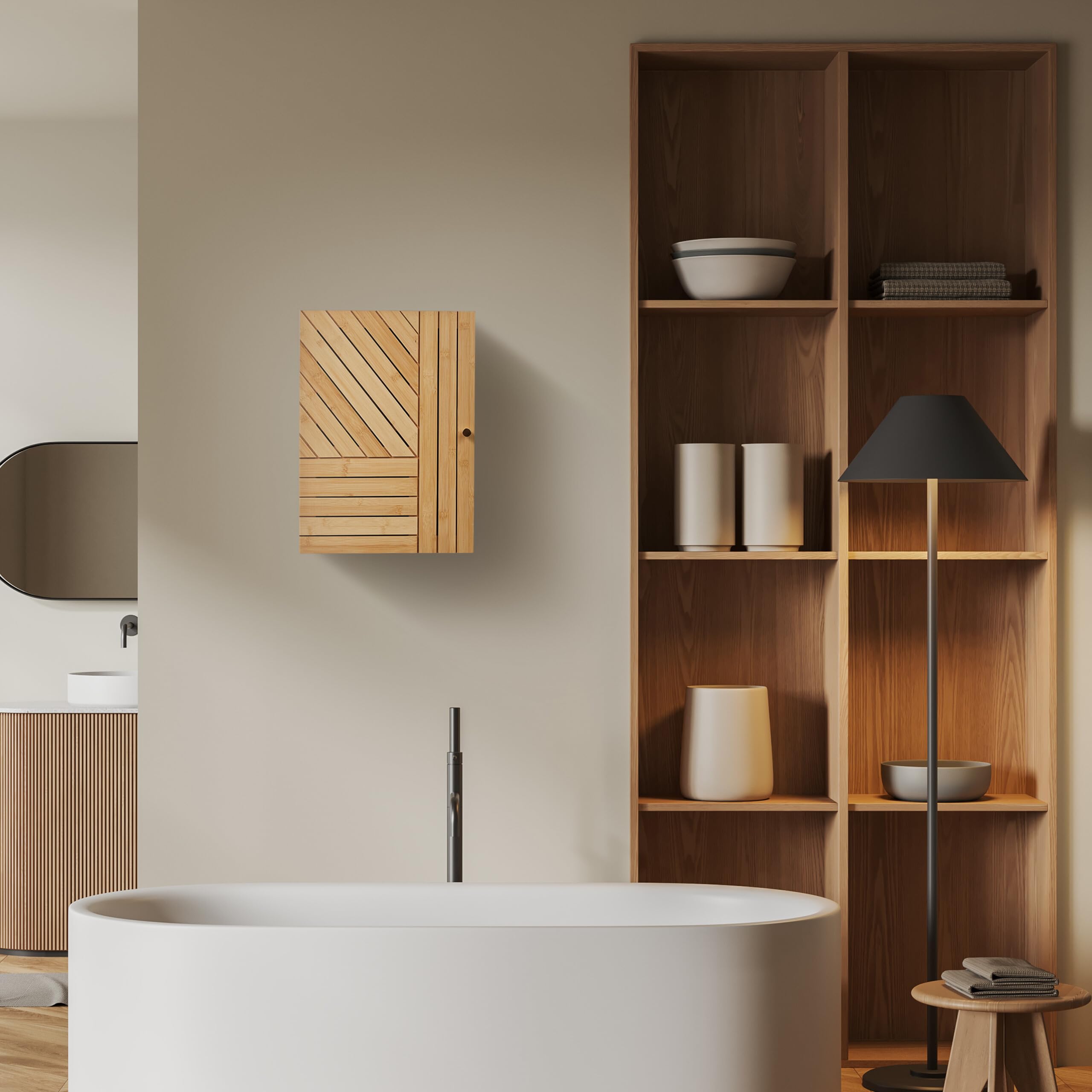 Relaxdays Armoire Suspendue pour Salle de Bain, Bambou, Niveaux réglables, Montage Porte Flexible, 55x40x20 cm, Nature