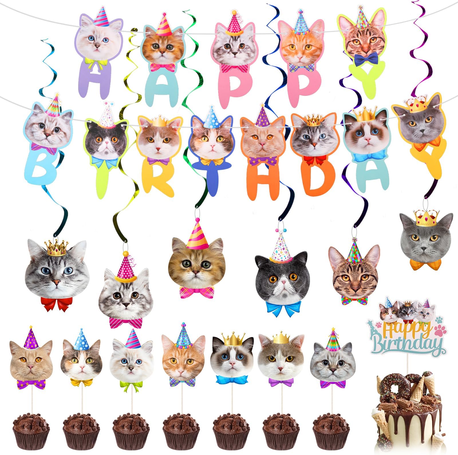 17pc Cat Party Supplies - Happy Birthday Banner, Cake & Cupcake Toppers for Cat Theme Party