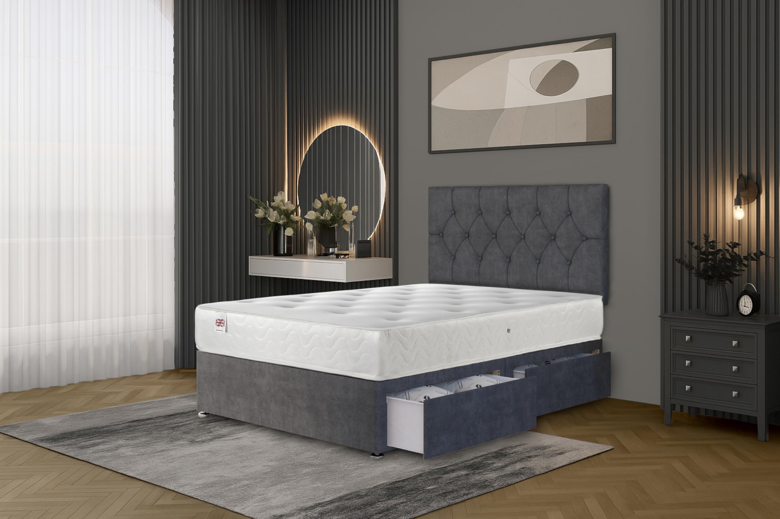 Ziggy Grey Plush Divan Bed Set – King (150×200 cm) with 24cm Sprung Memory Foam Mattress, 2 Same‑Side Drawers & Headboard | Modern Design | UK Made