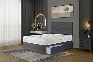 Bed Centre Ziggy Grey Plush Divan Bed Set – King (150×200cm) with 24cm Memory Foam Mattress, 2 Same‑Side Drawers & Headboard | Modern Design | UKMade