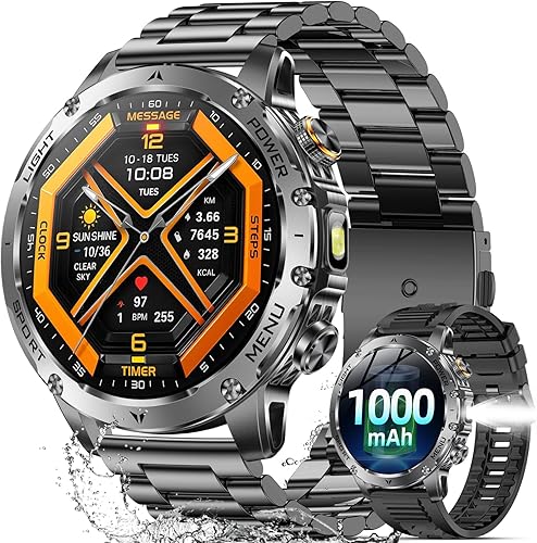 Relojes inteligentes militares para hombres, reloj inteligente de 1.7 pulgadas con batería de 1000 mAh, 2 correas, linterna LED, frecuencia