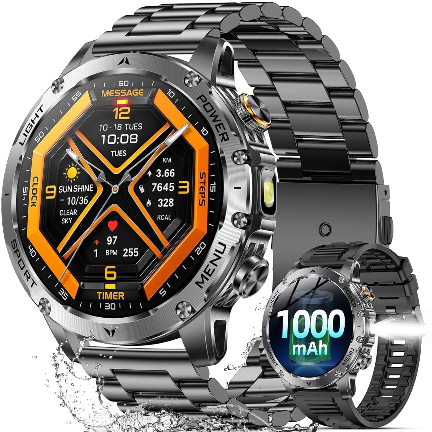 Military Smart Watches for Men 1 7 Smartwatch with 1000 mAh Battery 2 Straps Led Flashlight Heart Rate