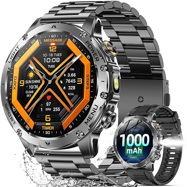 Military Smart Watches for Men 1 7 Smartwatch with 1000 mAh Battery 2 Straps Led Flashlight Heart Rate