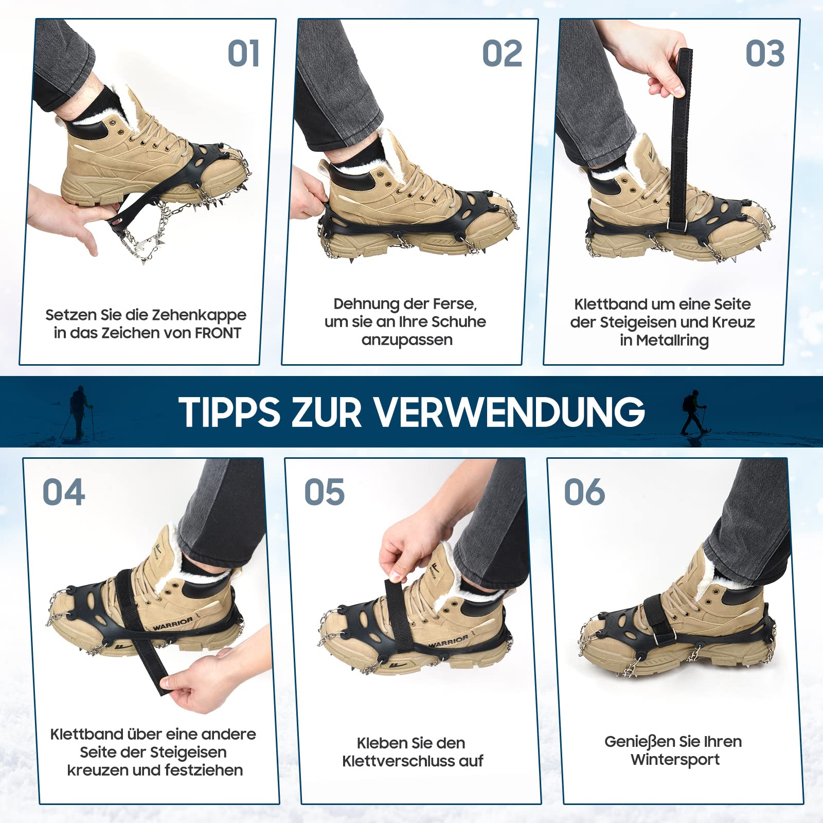 JATEKA Steigeisen 24 Zähne, Edelstahl Spikes Steigeisen für Bergschuhe mit Befestigungsband Anti-Rutschen Verdicken Spikes Erwachsene Kinder für Schuhe Winter Walking Wandern Bergsteigen Trail Running