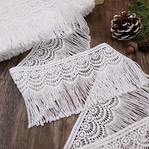 Ribete de encaje de costura blanco con borla de 3.5 pulgadas3.5 in de ancho para manualidades de costura, 4.8 yardas