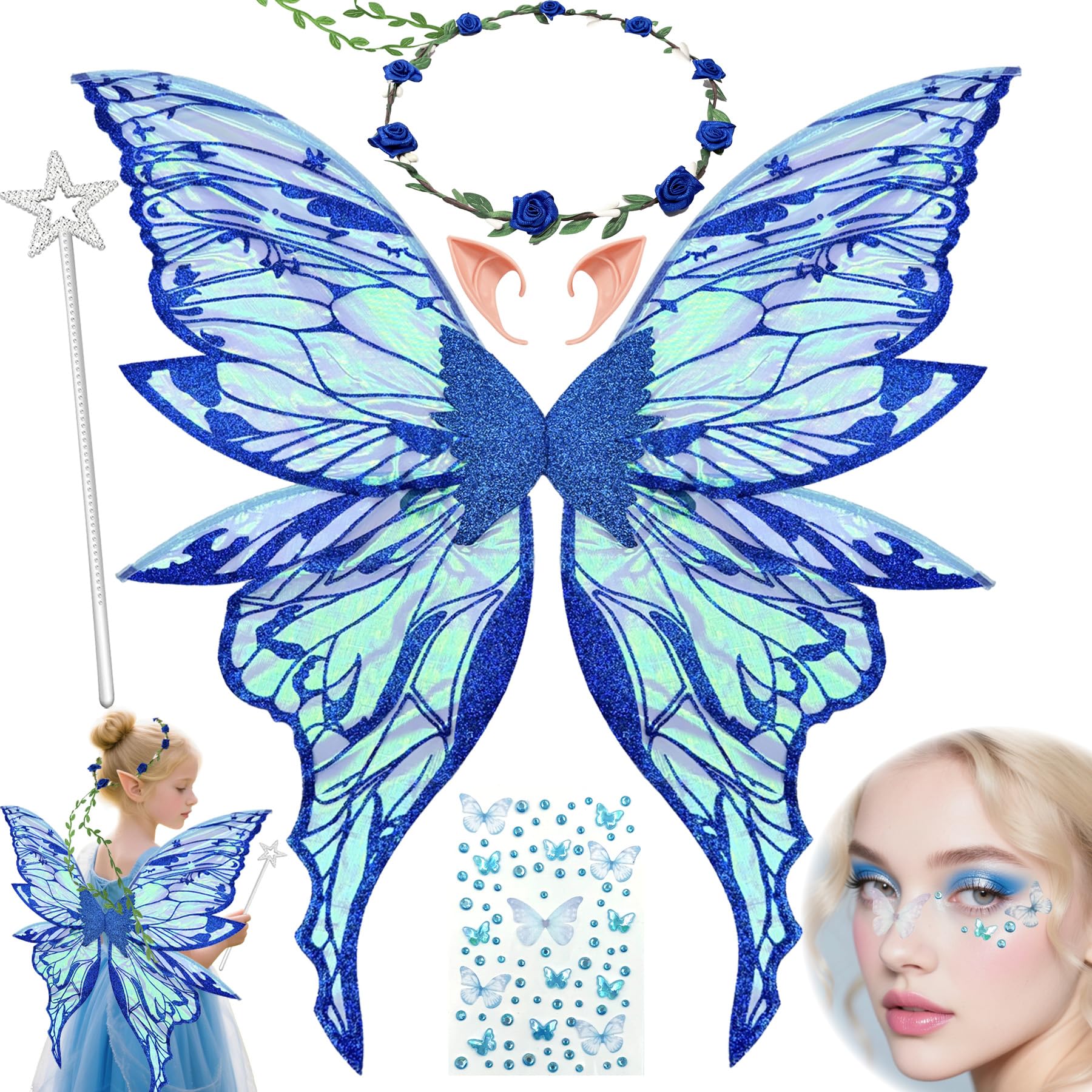 YeahBoom Children's fairy wings, butterfly wings with elf ears, fairy headband and star fairy wands, butterfly wings