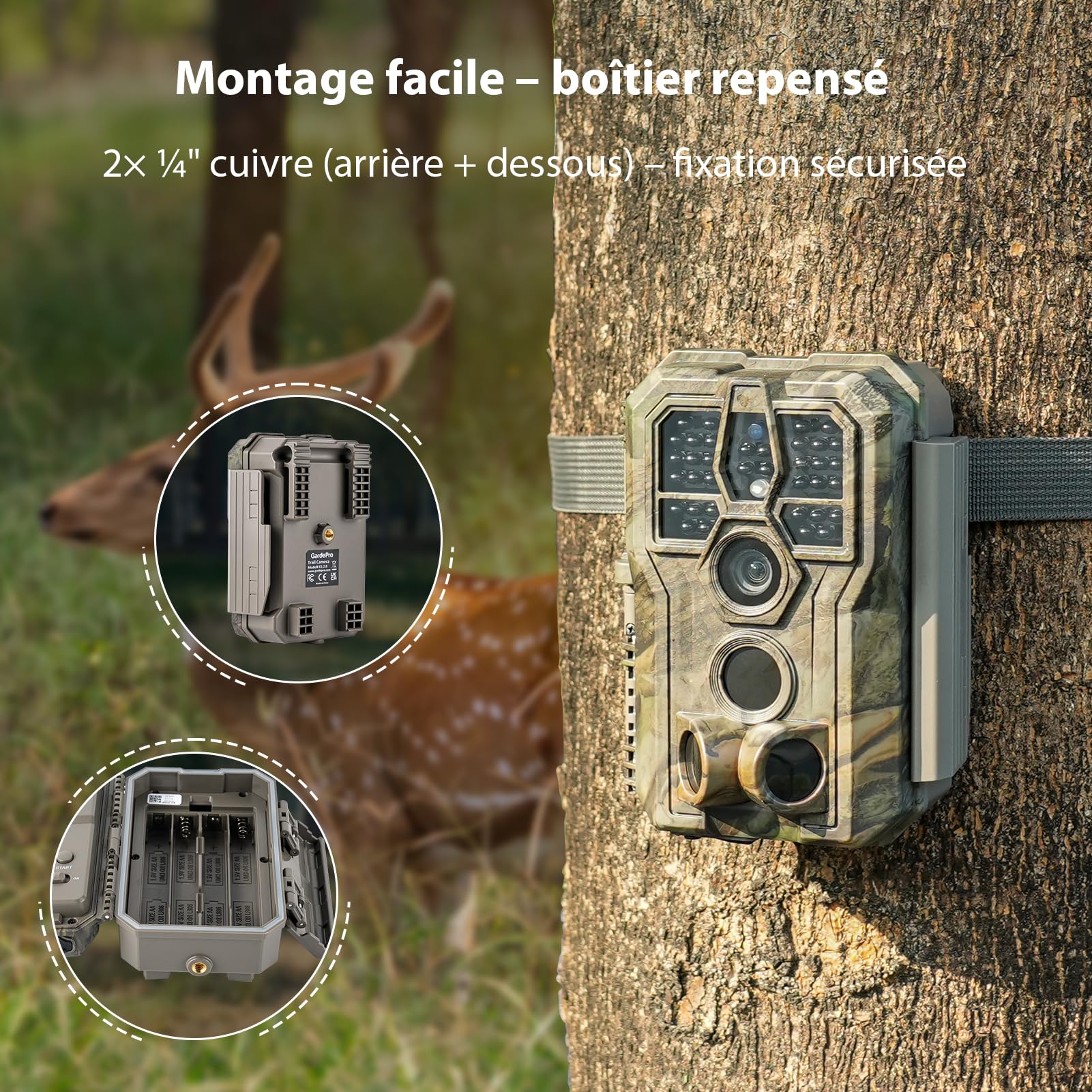 GardePro E5 2.0 Pro 4K Camera de Chasse, Carte SD de 64 Go | 64MP Caméra de Chasse, Camera Vision Nocturne Animaux Exterieur, Piege Photographique, Camera Detecteur de Mouvement