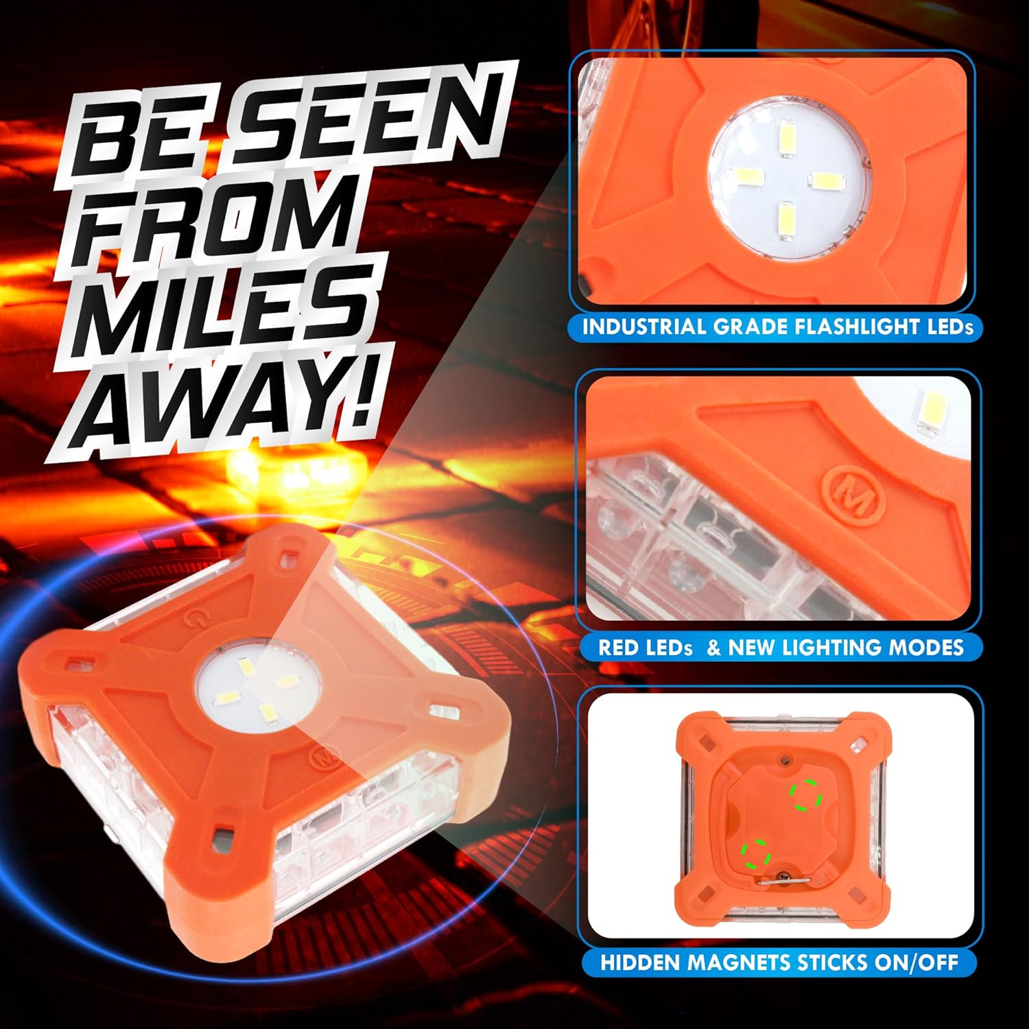 MARCALA Emergency Lights for Vehicles 3-Pack | LED Road Flares | Flares Emergency Road | LED Emergency Flares Include Batteries, Case, Whistle and are Stronger, Brighter & Better than round LED Flares