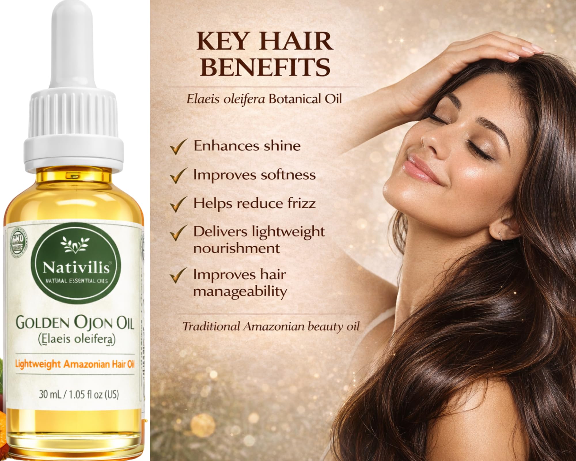 Nativilis Ojon Caiaue Golden Oil - Potenciador natural de la piel del cabello Rainforest Virgin Oil - Revitaliza los folículos dañados Cabello - Copaiba