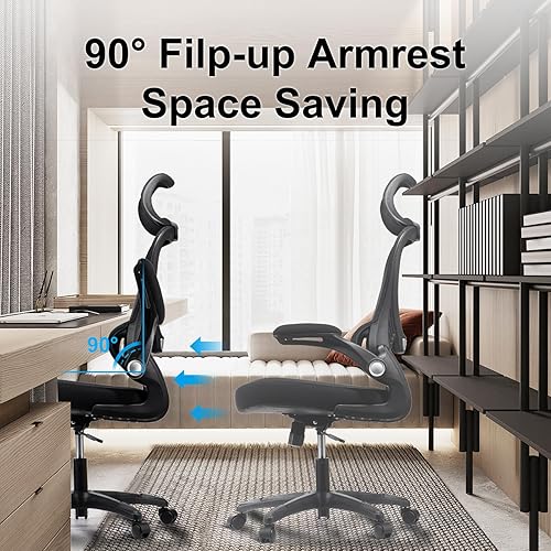 Miniatura 7 de Silla ergonómica de oficina con reposacabezas y soporte lumbar, silla de malla de respaldo alto con brazos abatibles, silla giratoria de escritorio