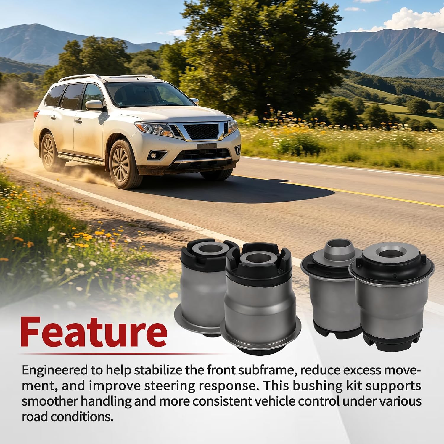 4PCS Front Axle Subframe Bush Kit Fit For Nissan Pathfinder R52 2012-2019 Murano 2017-2019 Fit For Infiniti QX60 JX35 JX L50 2013-2019 Replaces 54400-3KD2A 54400-3KD2B 54400-3KD0C 54400-3KD0D