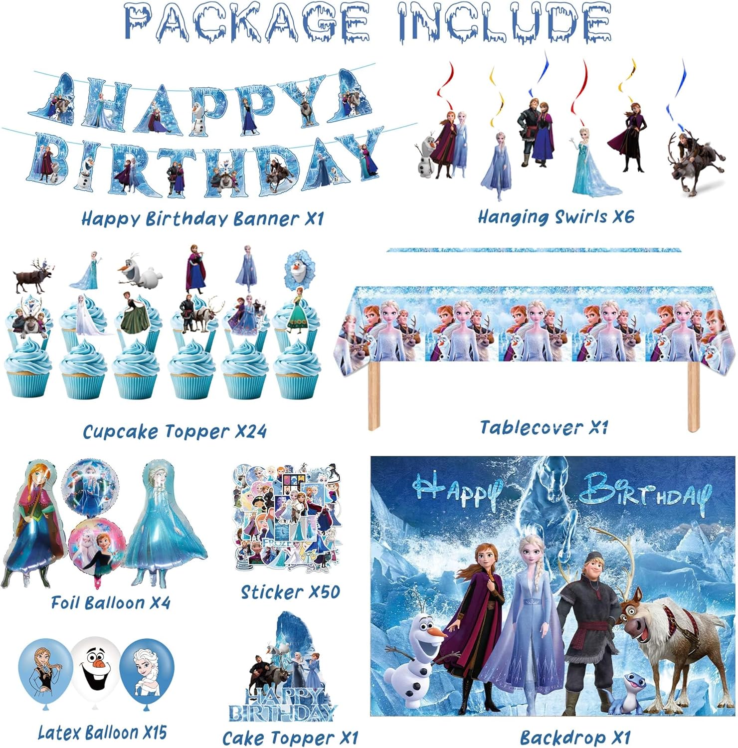 Cartoon Birthday Party Decorations Set with Latex Balloons | Foil Balloons | Happy Birthday Banner | Cake Toppers | Tablecloth | Hanging Swirls | Stickers for Winter Princess Theme Celebration
