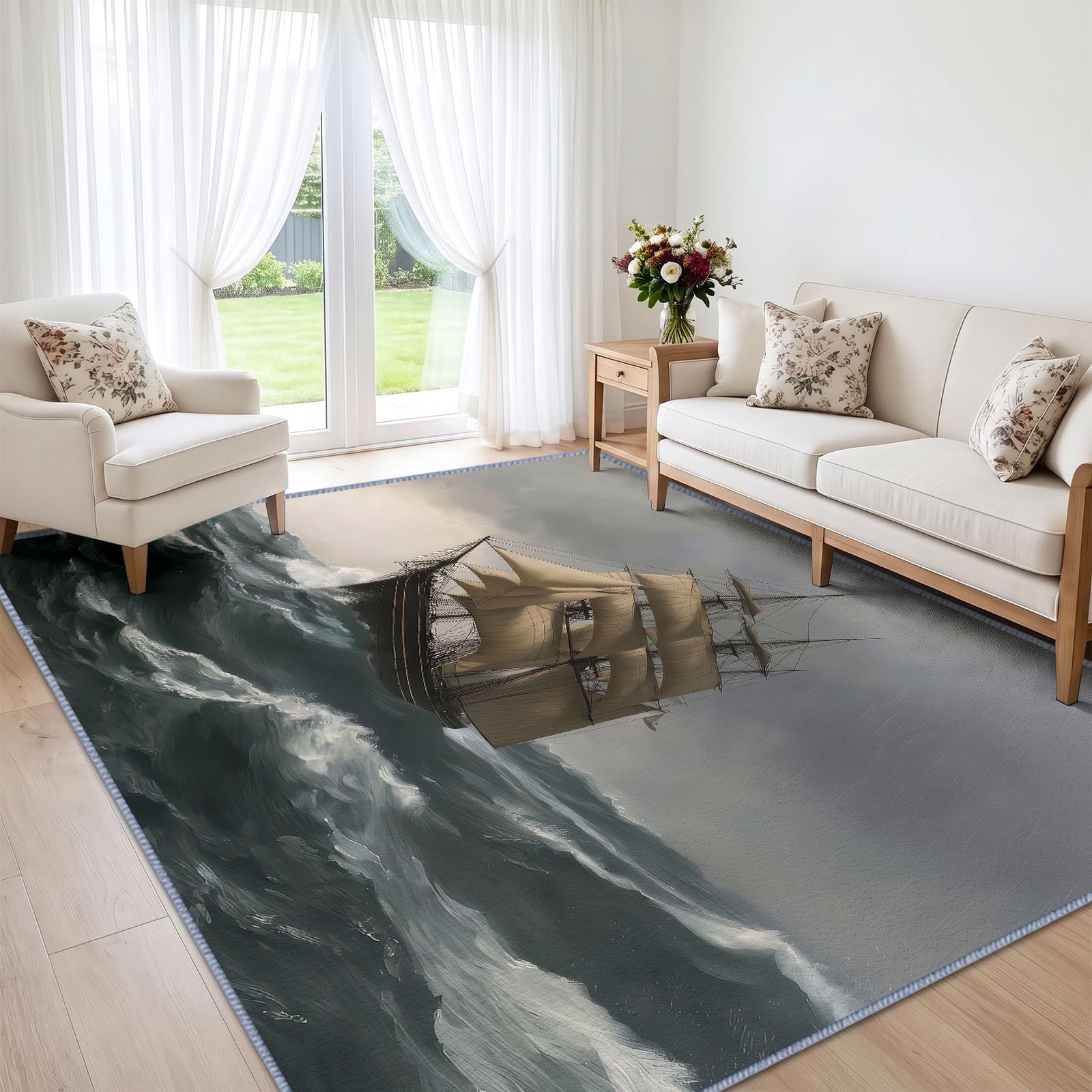 Dywan do salonu, ze statkiem pirackim z motywem morskim, 140 x 200 cm, do sypialni, żaglówki, fal morskich, chłopców, do sypialni, miękki, krótki, można prać w pralce, nie gubi włosia