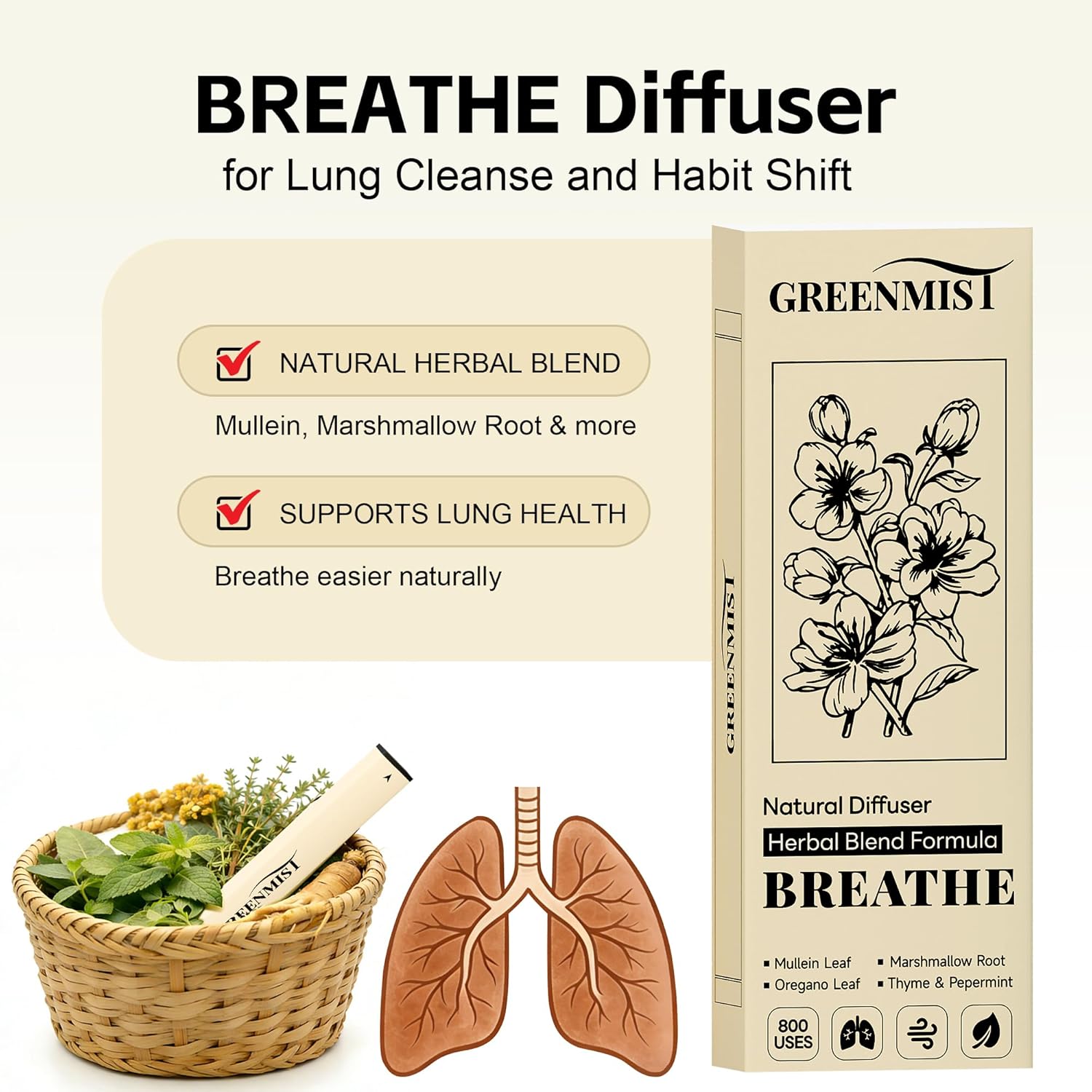 Natural Herbal Diffuser Pen Combo Pack (2 Pack), Mullein & Peppermint + Ashwagandha & Lavender, Plant-Based Aromatherapy Diffusers, Calming & Refreshing Herbal Aroma, Up to 800 Uses Each