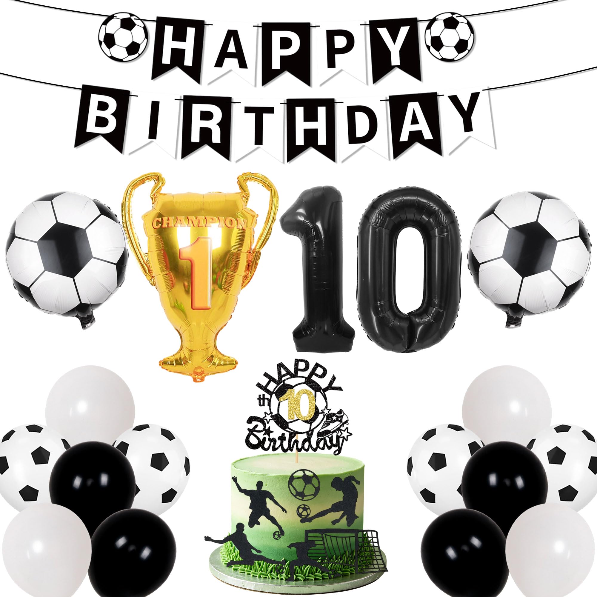LaVenty Football Balloon 10th Birthday Black Balloon Football Cake Cupcake Decor Topper for Boy's 10th Birthday Party Decoration