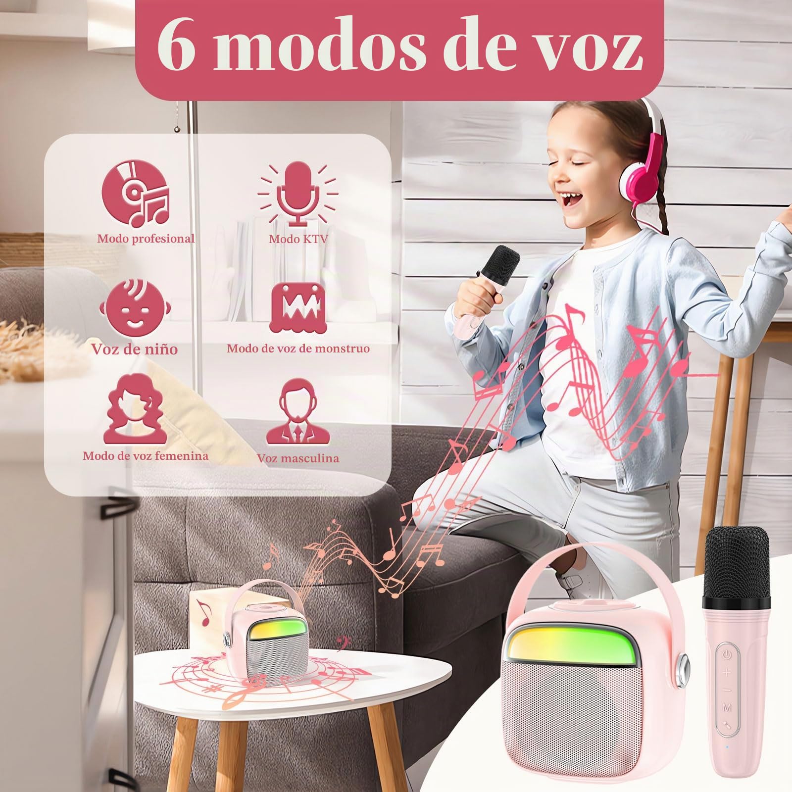 PTHTECHUS Máquina de Karaoke para niños, Juego de micrófono, Altavoz Bluetooth portátil, micrófono, máquinas de Karaoke para Cargar Juguetes electrónicos Rosa