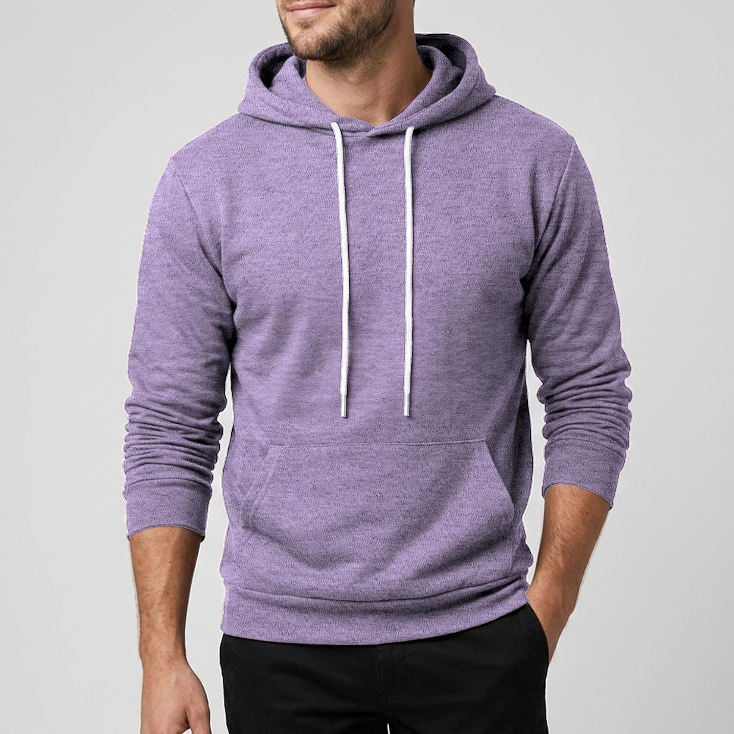 Ohoo Mens Slim Fit Plain Pullover Hoodies Soft Cotton Fabric Sweatshirt Lightweight Long Sleeve with Kanga Pocket