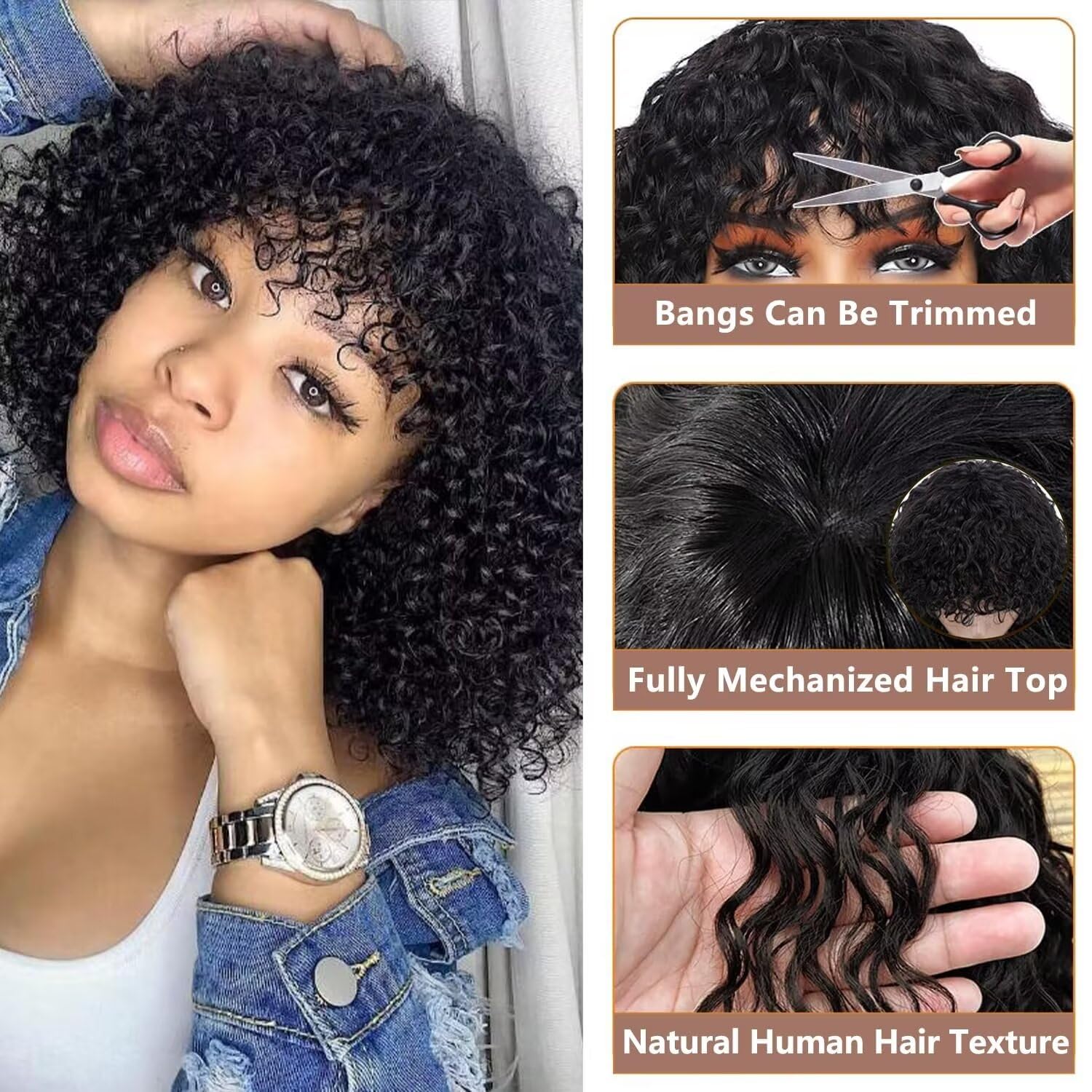 Human Hair Wig With Bangs 14 Inch Short Curly Wigs For Black Women Glueless Brazilian Real Curly Hair Wig Full Machine Made None Lace Front Kinky Curly Bob Wigs Human Hair - Image 3