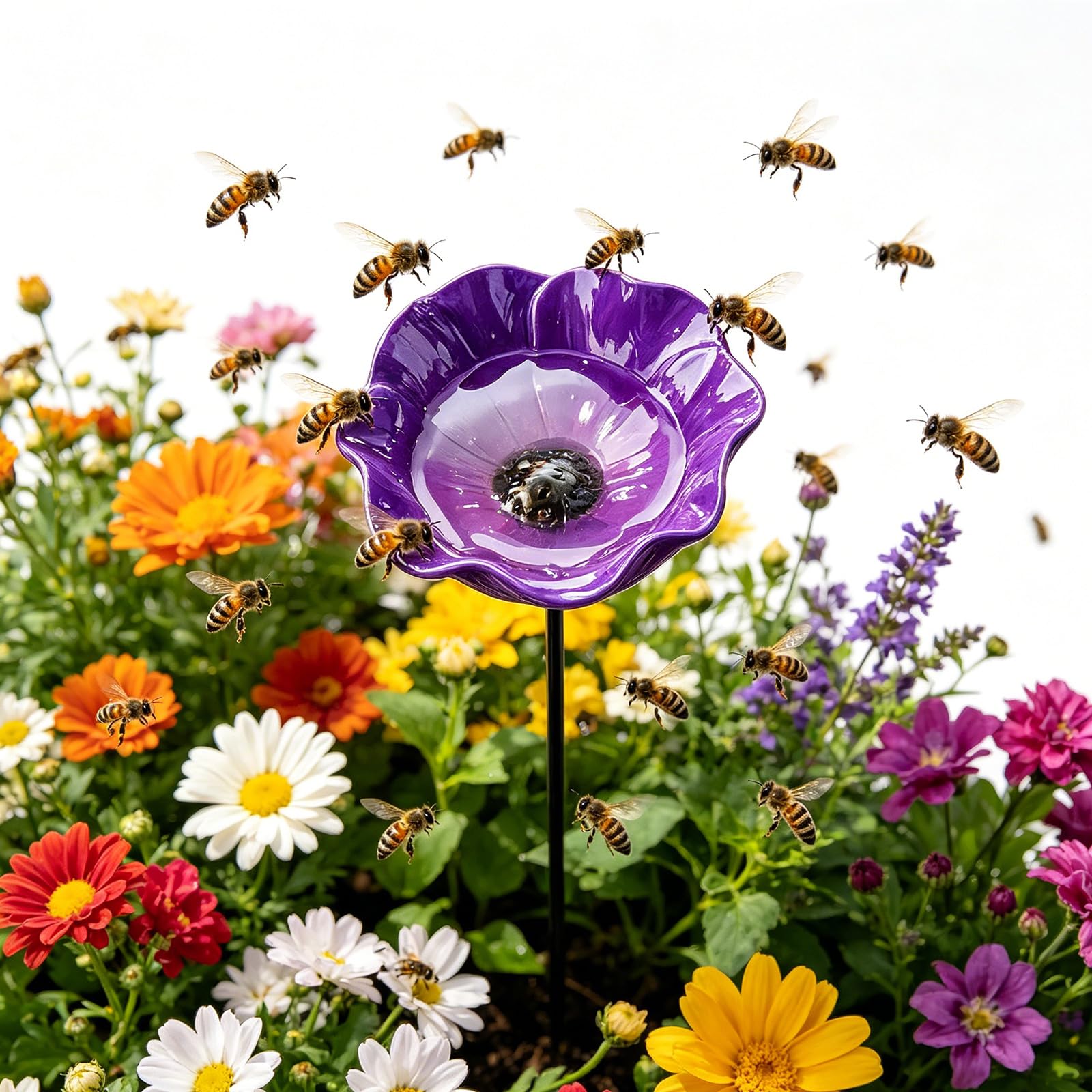 Metal Flower Garden Stakes Bee Watering Station Handmade, Bird Bath Bowl Butterfly Feeder for Garden Metal Bee Water Feeder with Flower Design, Colorful Butterfly Bird Bath for Outdoor Yard Decor