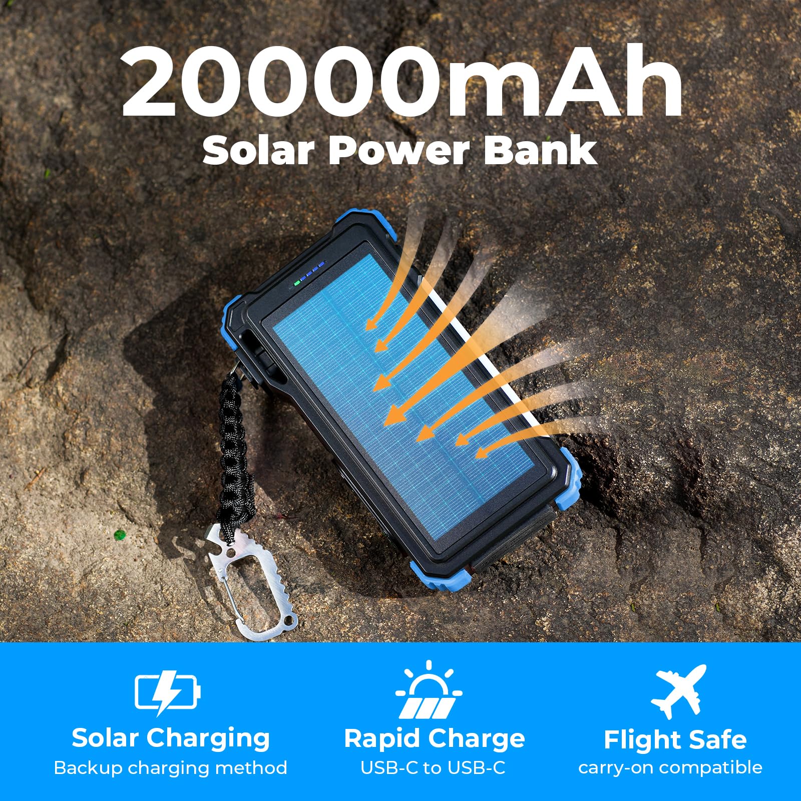 BLAVOR Solar Power Bank 20000mAh mit Kable, 20W Schnellladung Solar Ladegerät USB C Externer Akku Portable Charger mit Taschenlampen und Karabiner für alle Handy, Wireless Ladegerät für Apple Watch