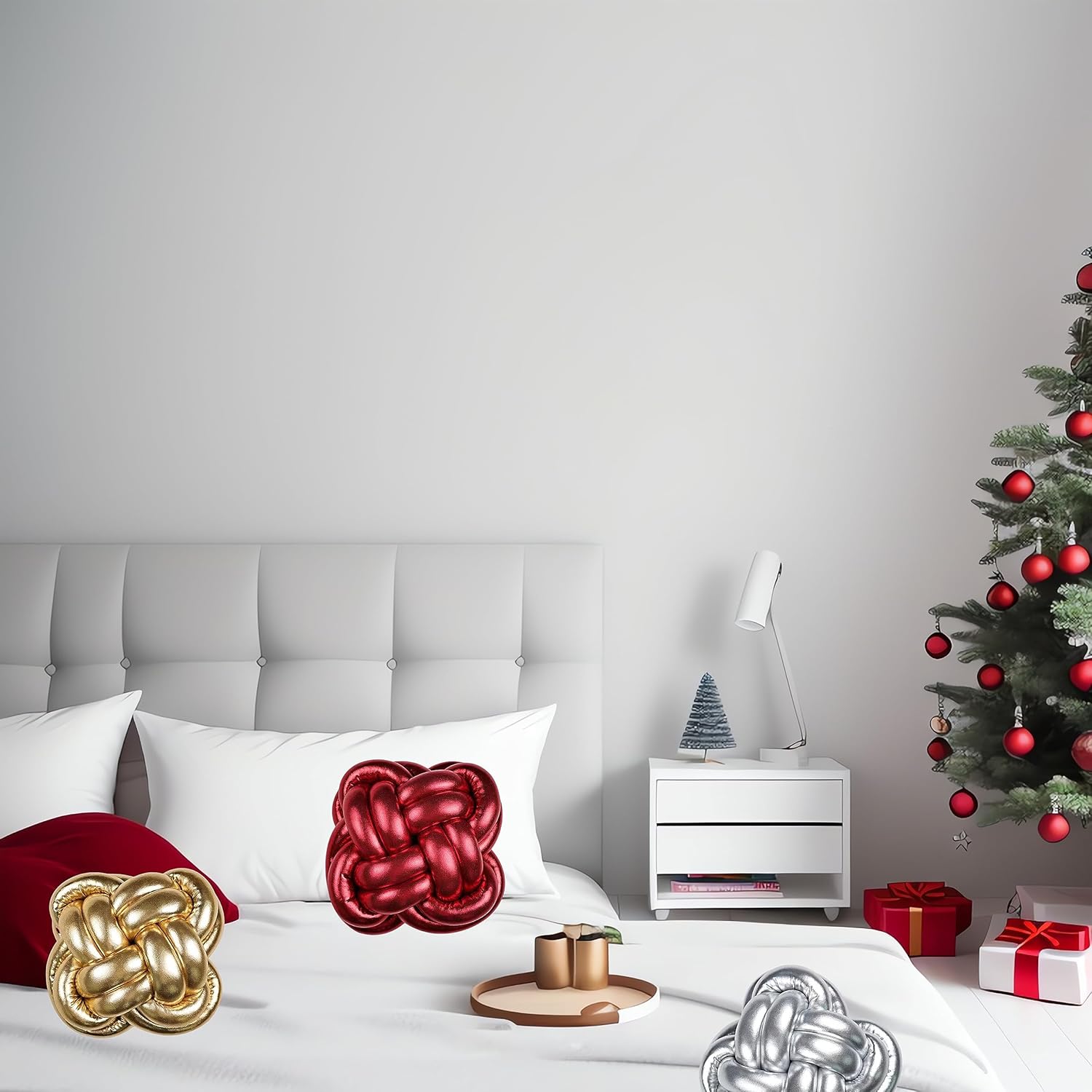 Soft Knot Pillow Ball, 12" Decorative Throw Pillow Floor Cushion for Couch, Square Xmas Decorations Knotted Pillow for Bed Living Room (Gold)