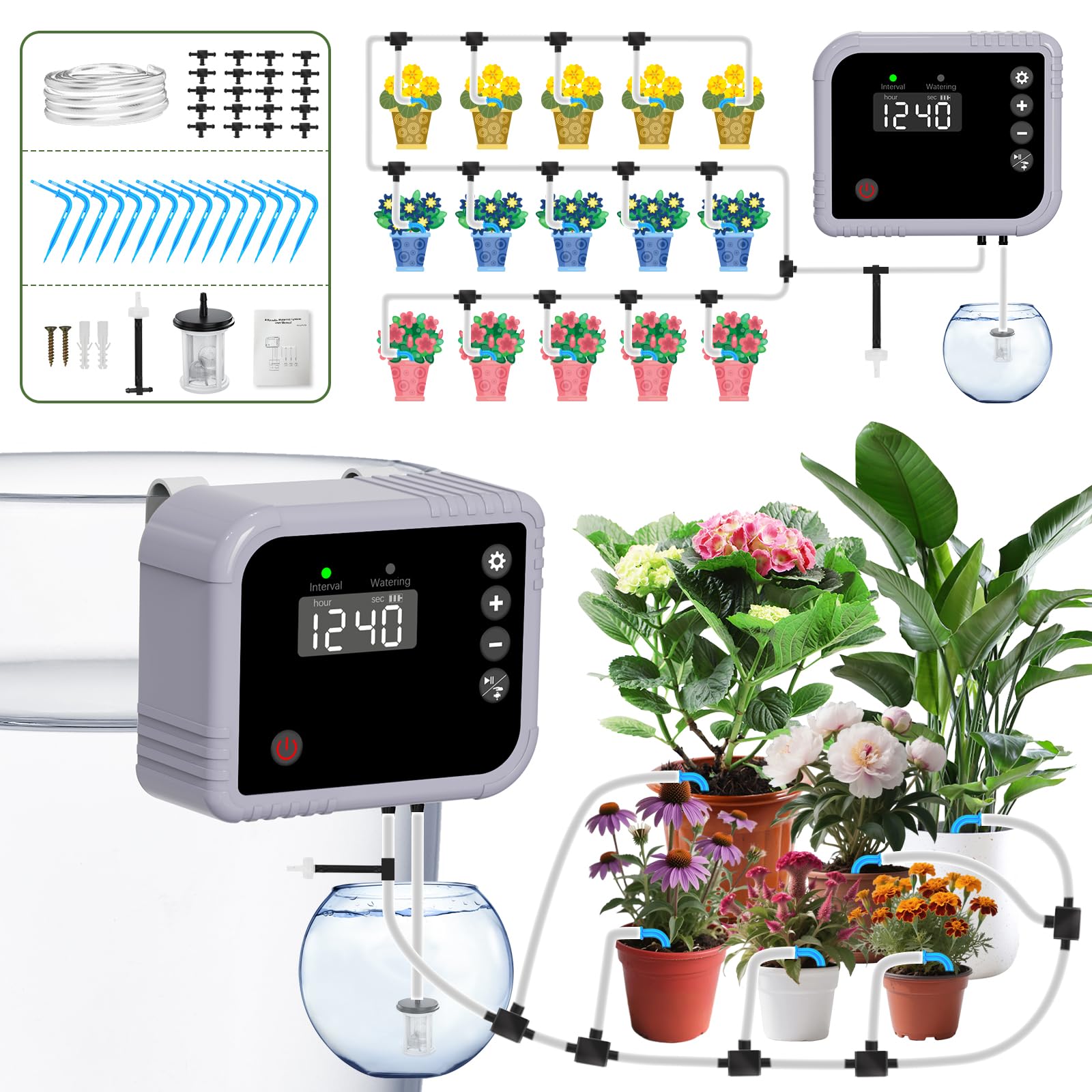 YAHAMOO Bewässerungssystem Automatische Bewässerung Zimmerpflanzen, 350 Automatische Bewässerung Modi Tröpfchenbewässerung System für Indoor, Garten, Balkon Pflanzen, für bis zu 15 Topfpflanzen