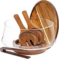 Oria Cook 5.7L Large Glass Salad Bowl Set with Lid, Acacia Wood Utensils & Charcuterie Board for Serving & Storage