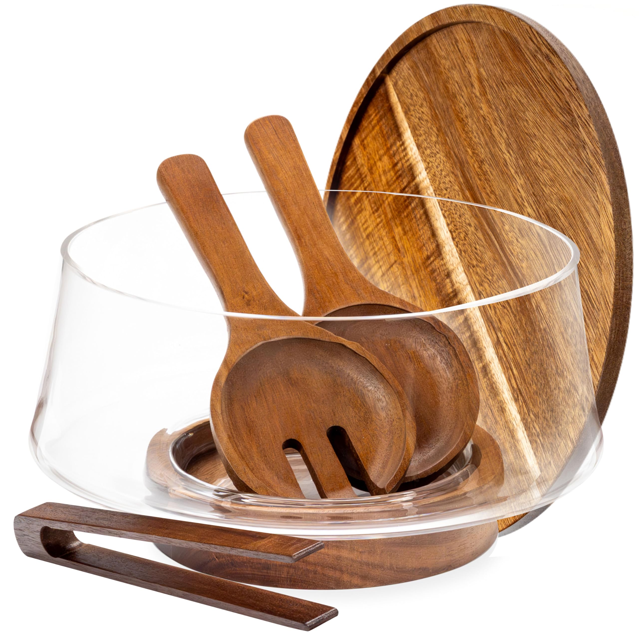 Photo 1 of *MISSING UTENSILS* Oria Cook Large Glass Salad Bowl with Lid Set, 5.7 L Decorative Glass Mixing Bowl, Trifle and Serving Bowls with Lids as Cheese Charcuterie Board and Plate, Comes with Wood Serving Utensils