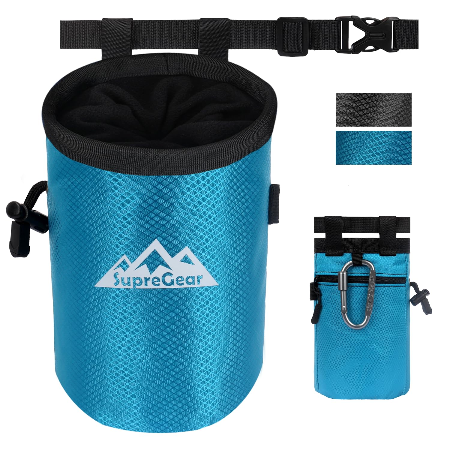 Supregear Bolsa de Magnesio para Escalada en Roca, Bolsillo Grande con Cremallera, Cierre de Cordón y Mosquetón