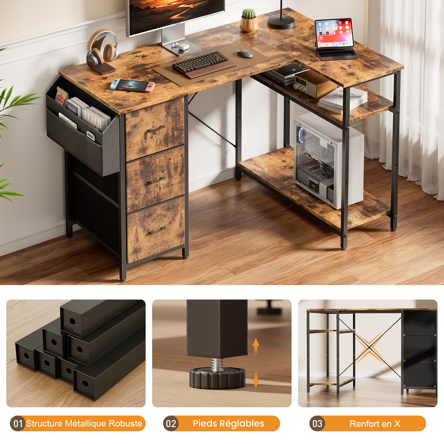SOLAVERO Bureau d'angle avec Rangement et 3 Tiroirs, 140 x 78 cm, Marron