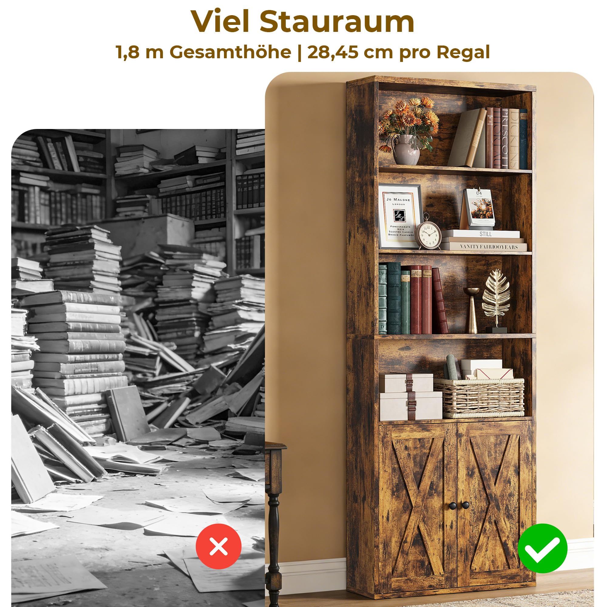IRONCK Bücherregal Braun, Standregal mit Türen, Holz Regal mit 6 Ebenen, Offenes Aufbewahrungsregal für Wohnzimmer, Homeoffice, Esszimmer, Schlafzimmer, 24 x 60 x 180 cm