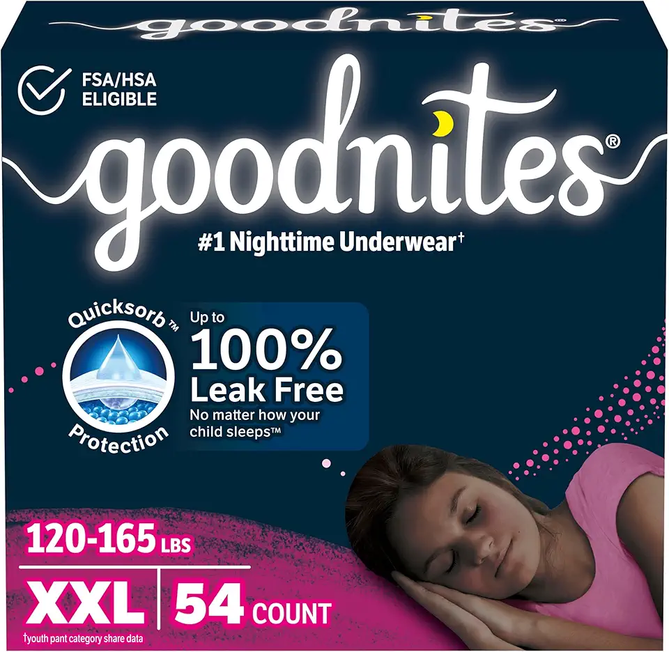 Goodnites Girls' Nighttime Underwear, Size XXL (120-165 lbs), 54 Ct (3 Packs of 18), Packaging May Vary